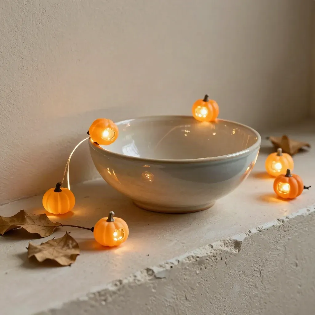 Pompoenvormige LED-lichtjes rond een geglazuurde schaal met gedroogde bladeren in warm studio licht