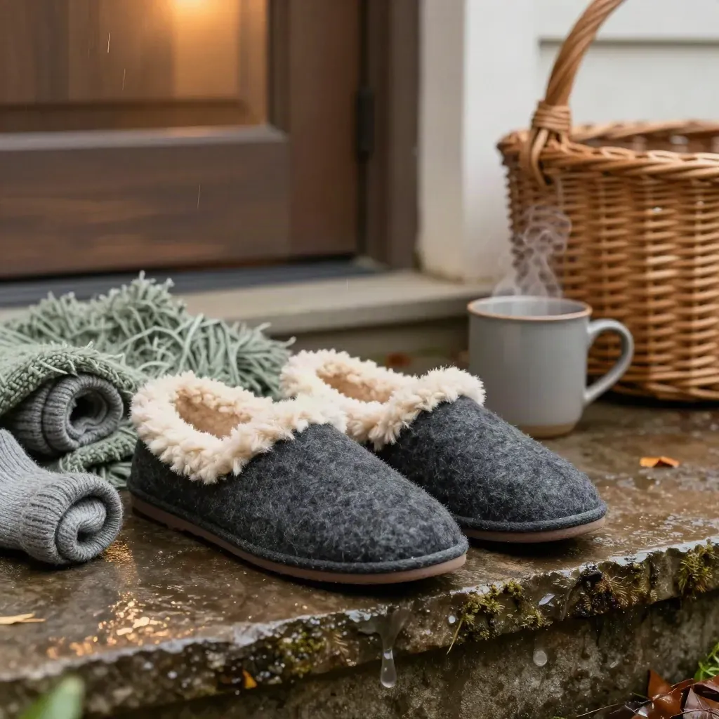 Charcoal wollen pantoffels met fleece, sokken, mok en mand op natte dorpel in herfstlicht