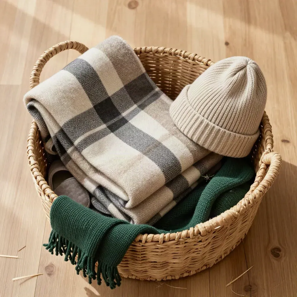 Rieten opbergmand met plaid, sloffen en muts op lichte houten ondergrond