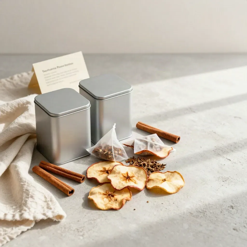 Flatlay van appel-kaneelthee met blikjes, sachets, appelringen en kaneel op linnen.