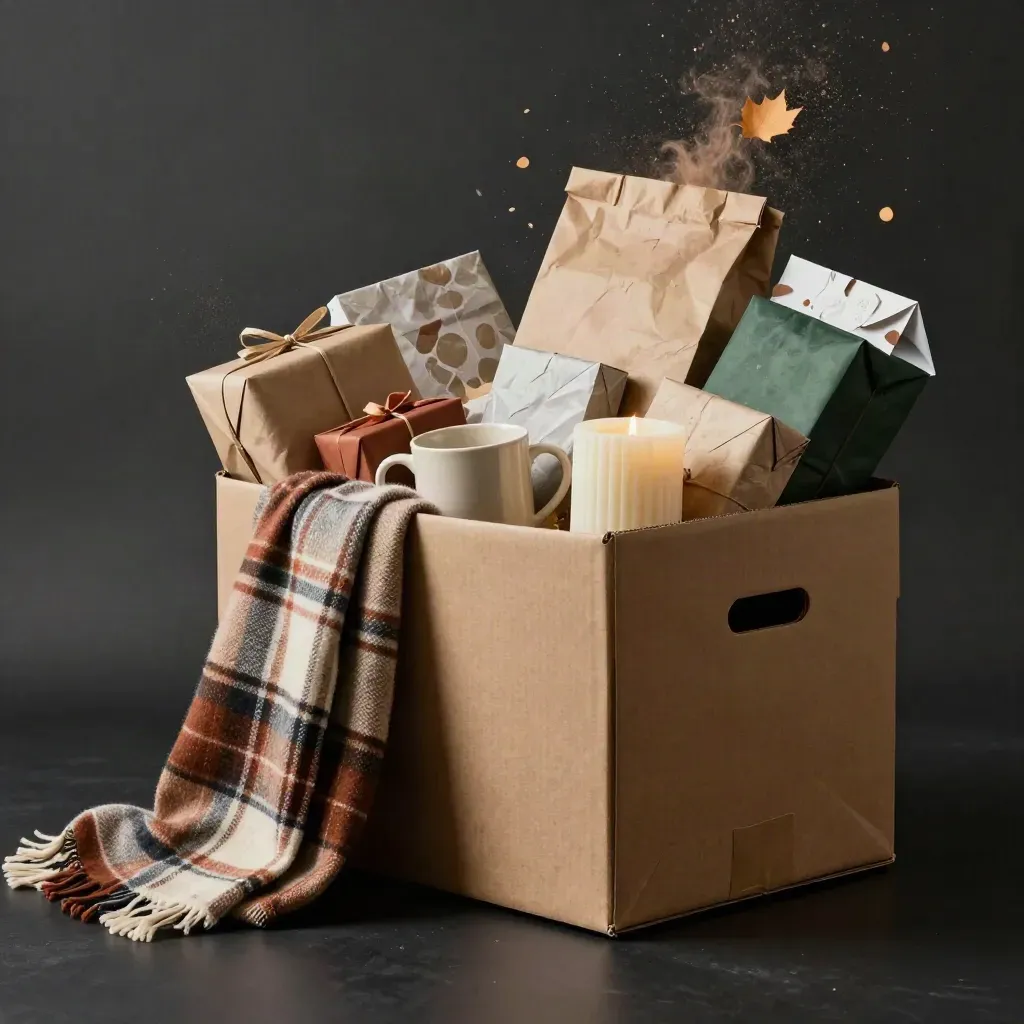 Een kraftdoos met herfstspullen barst open met plaid, mok, kaars en cadeaupapier.