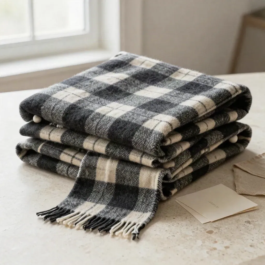 Opgevouwen flanellen plaid in charcoal en crème op travertin, met zachte productkaart op de achtergrond.