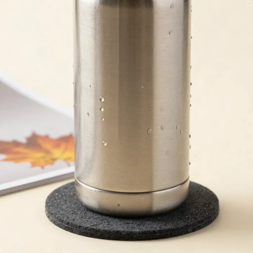 Close-up van een RVS thermosfles met condensdruppels en vilten onderzetter in koele mist.
