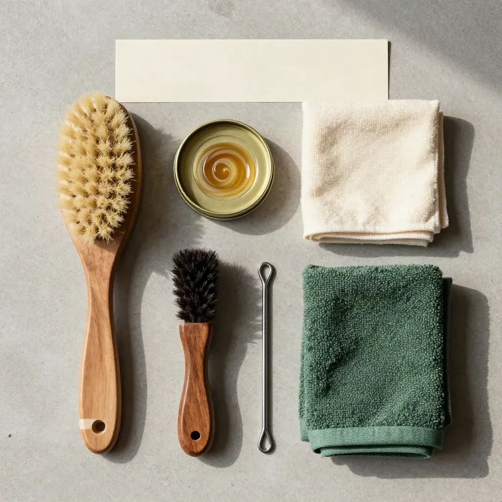 Bovenaanzicht van schoenverzorgingsset met borstel, waxblik, doek, schoenlepel en groene handdoek.