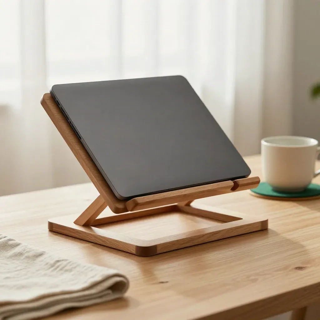 Houten laptopstandaard met gesloten laptop, linnen onderlegger en groen accent in zacht studiolicht
