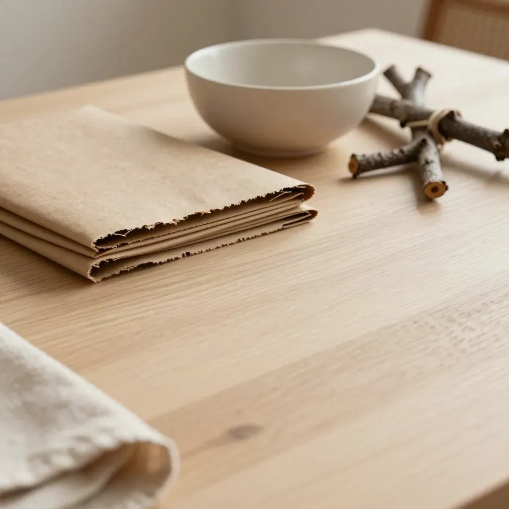 Pale eiken tafel met kraftpapier, keramische schaal en takjes in warm herfstlicht.